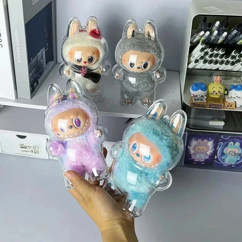 Clear Protective Case for Labubu Standing Figure Storage Box with Silicone Strap Dustproof Scratch-Resistant Display Case V1 V3