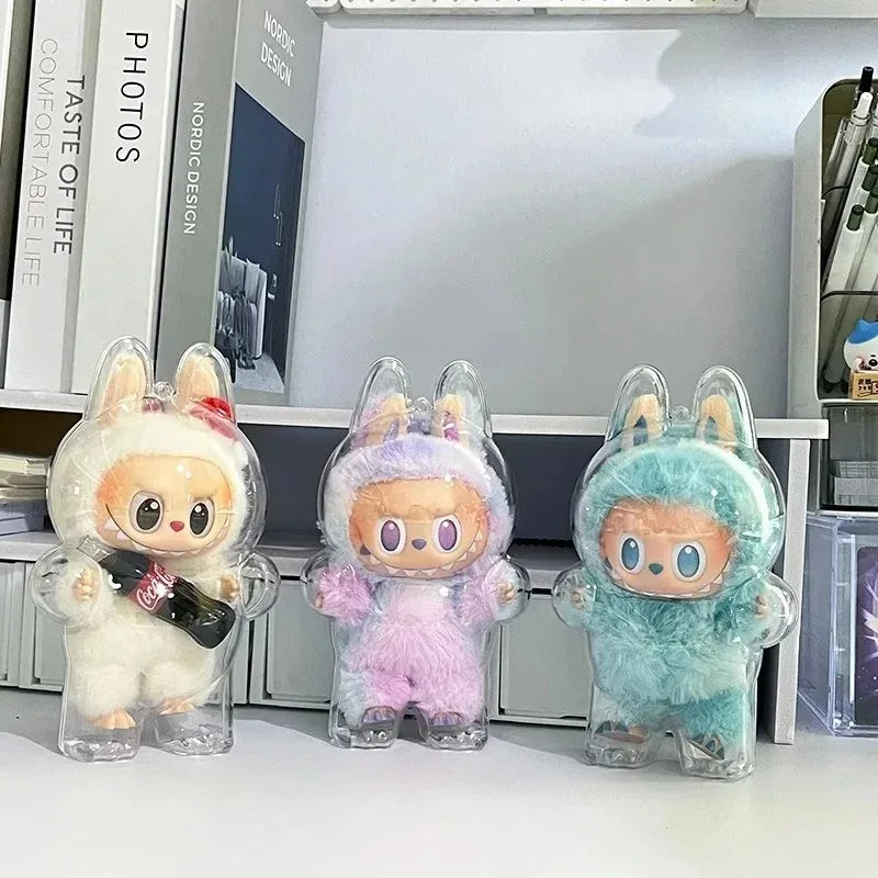 Clear Protective Case for Labubu Standing Figure Storage Box with Silicone Strap Dustproof Scratch-Resistant Display Case V1 V3