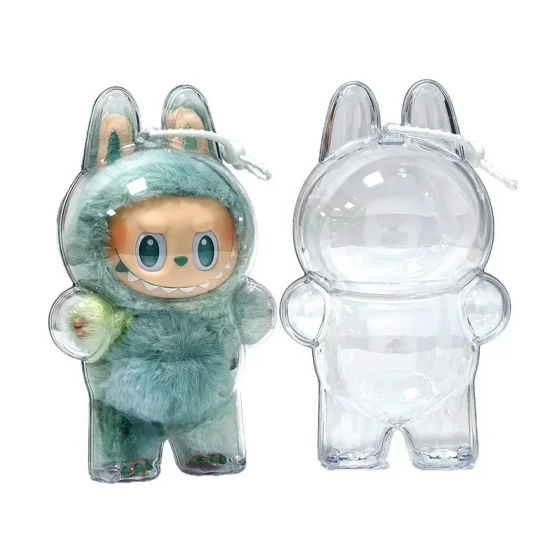 Clear Protective Case for Labubu Standing Figure Storage Box with Silicone Strap Dustproof Scratch-Resistant Display Case V1 V3