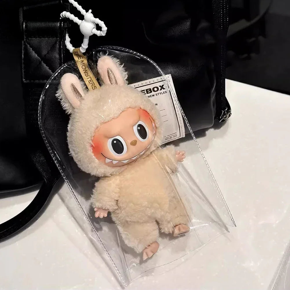 ポータブル透明PVCオーガナイザーボックス防塵保護カバー防水汚れ防止キーチェーンバッグlabubu人形の衣装用